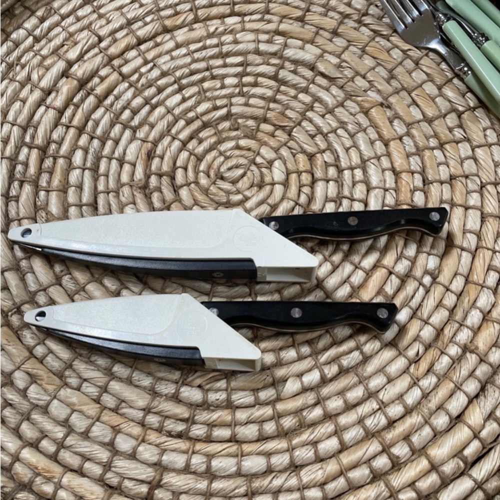 2 vintage pampered chef knives in sharpening cases 3” and 5”